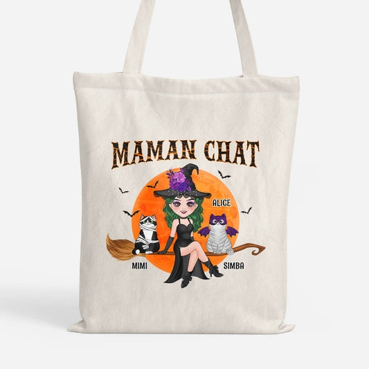 1310BFR1 tote bag maman chat sorciere avec son balai personnalise