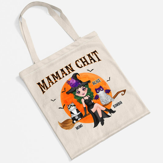 1310BFR2 tote bag maman chat sorciere avec son balai personnalise