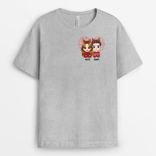 1378AFR2 tshirt couple de noel avec coeur personnalise