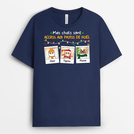 1391AFR1 t shirt mes chats sont accros aux photos de noel personnalise