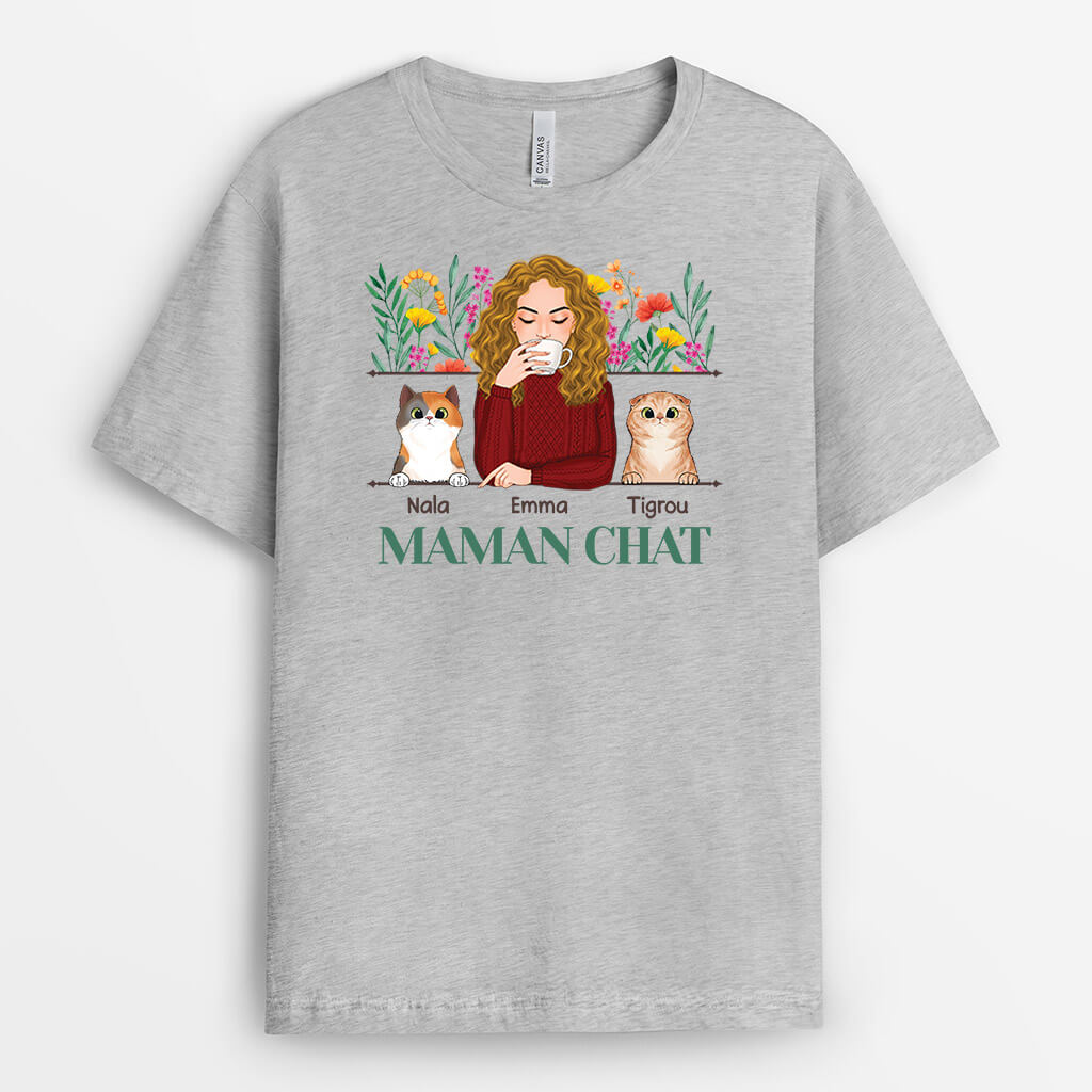Maman De Chat Version Fleur - Cadeau Personnalisé | T-shirt pour Amoureux des animaux