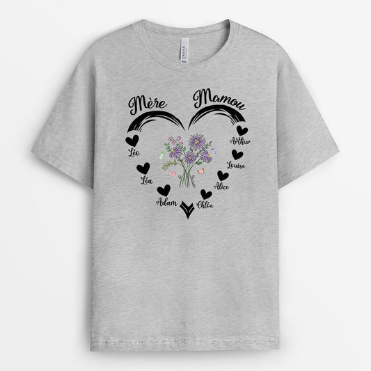 2174AFR2 t shirt maman mamie coeur avec fleurs personnalise