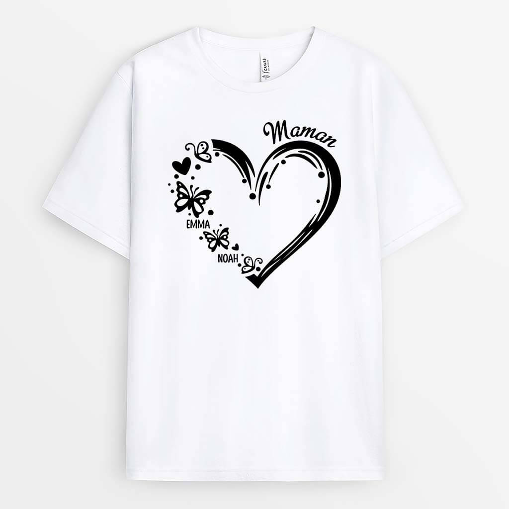 Maman Coeur Papillons Version Noir - Cadeau Personnalisé | T-shirt pour Maman