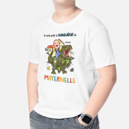 2664AFR2 je suis pret a conquerir la maternelle version enfant dinosaure t shirt pour enfant personnalisable