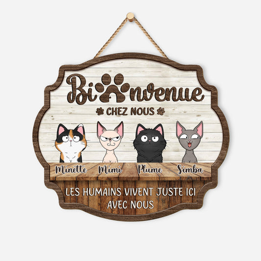 5135QFR1 plaque en bois personnalisee avec chat rigolo a suspendre bienvenue chez nous 5135qkynd