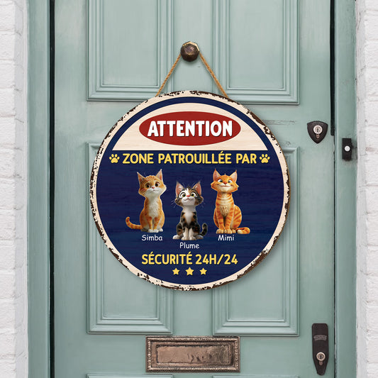 5160QFR2 plaque en bois personnalisee a suspendre zone patrouillee avec chat 5160qkgmd