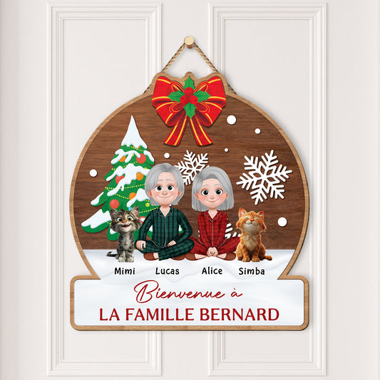 5409QFR2 plaque en bois personnalise couple avec chat bienvenue a notre famille 5409qkznd