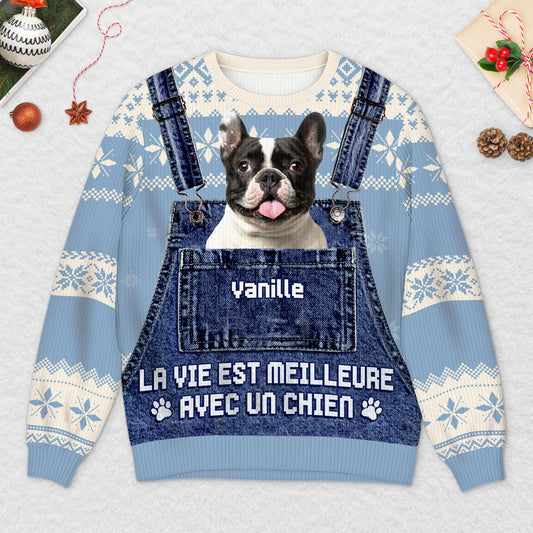 5795WFR2 pull moche de noel personnalise avec photo la vie est meilleure avec un chat 5795w3lmd