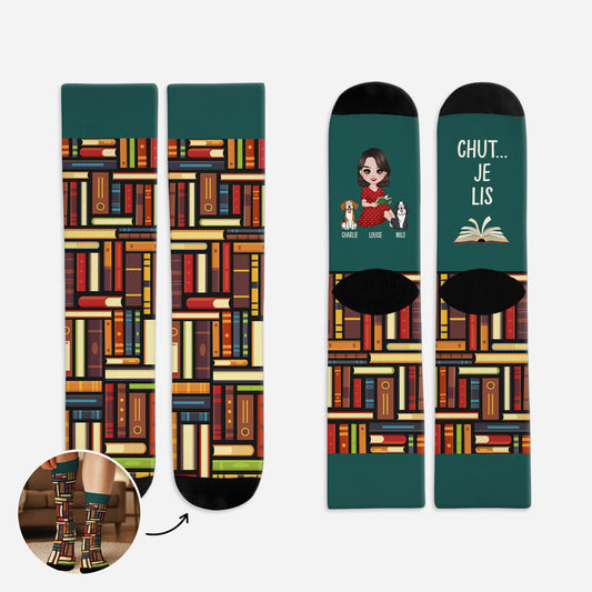6034JFR1 chaussettes personnalisees pour les amoureux des livres chut je lis avec chien 6034j8lnc