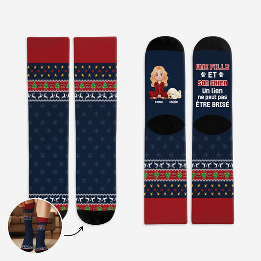 6069JFR1 chaussettes personnalisees une fille et son chien 6069jktmc