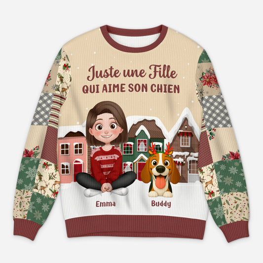 6405WFR1 pull de noel moche personnalise juste une fille qui aime son chien 6405wtvzc