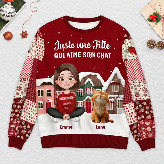 6405WFR2 pull de noel moche personnalise juste une fille qui aime son chat 6405wtvzd