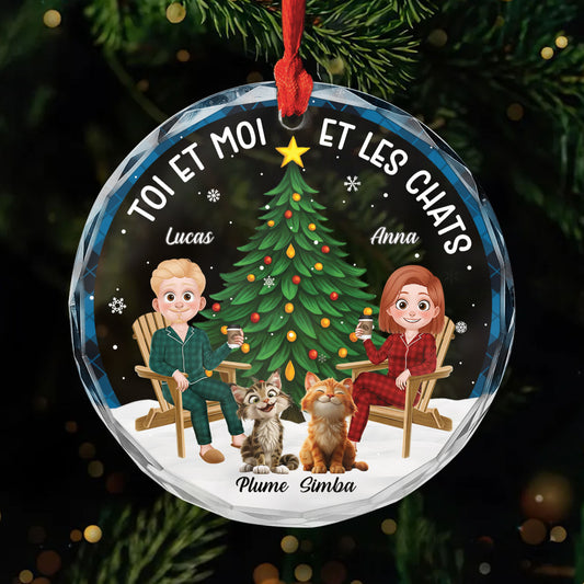 6458OFR1 ornement en verre personnalise couple toi moi et le chat avec sapin de noel 6458o3vmd