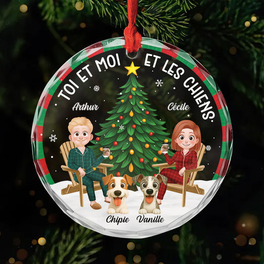 6458OFR1 ornement en verre personnalise couple toi moi et le chien avec sapin de noel 6458o3vmc