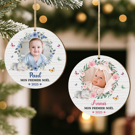 6714OFR2 ornement en bois a 1 couche personnalise avec bebe photo mon premier noel avec elephant 6714o8ptk
