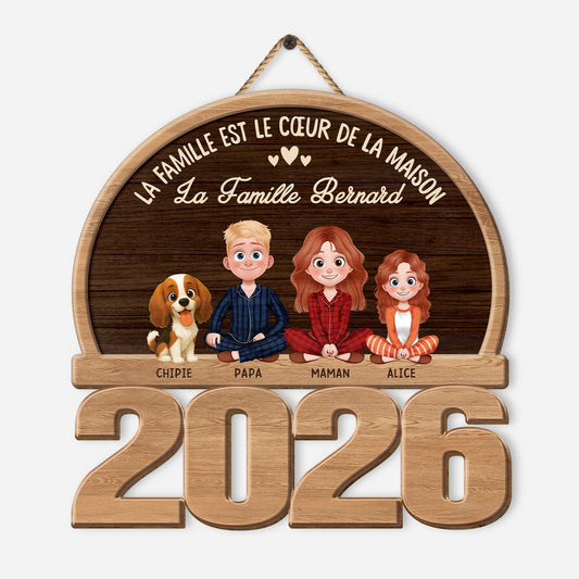 7738QFR1 plaque en bois personnalisee a suspendre notre famille avec chat et chien 7738qtlni