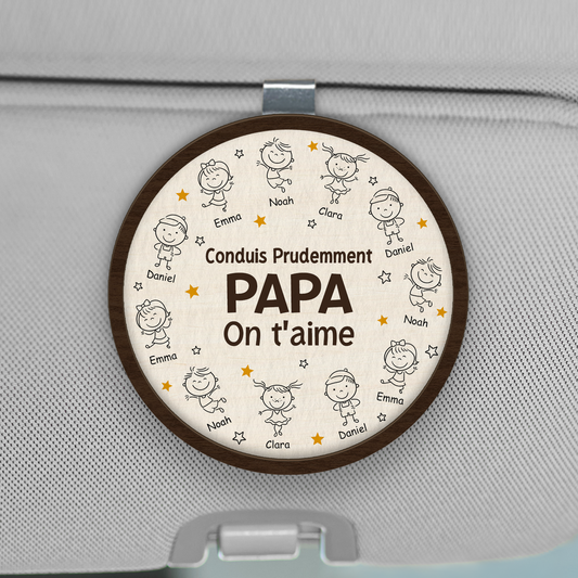 8414GFR1 clip pare soleil de voiture personnalise dessin conduis prudemment papa maman 8414g8ymb