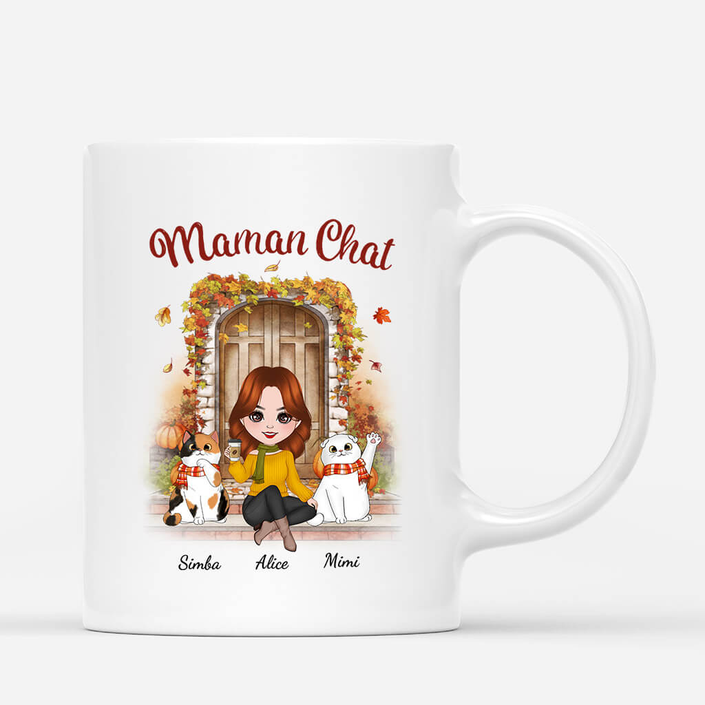 Mug Maman Chat Automne Devant La Porte Personnalisé