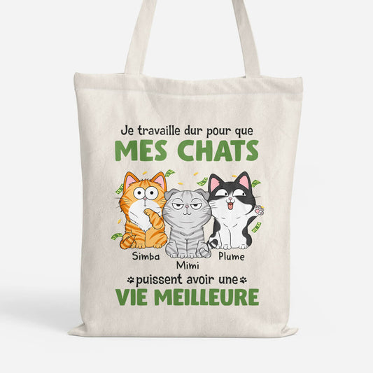 1292BFR1 tote bag je travaille dur pour que mon chat puisse avoir une vie meilleure personnalise