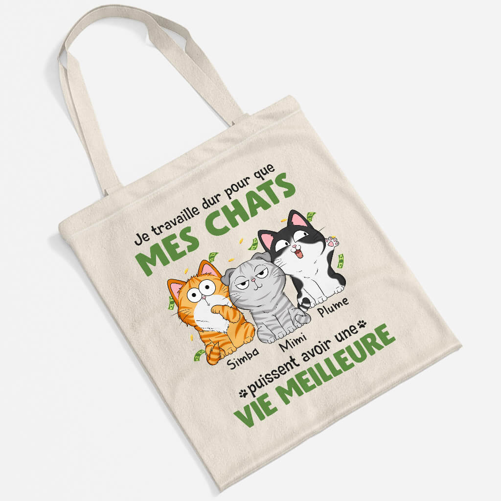 1292BFR2 tote bag je travaille dur pour que mon chat puisse avoir une vie meilleure personnalise