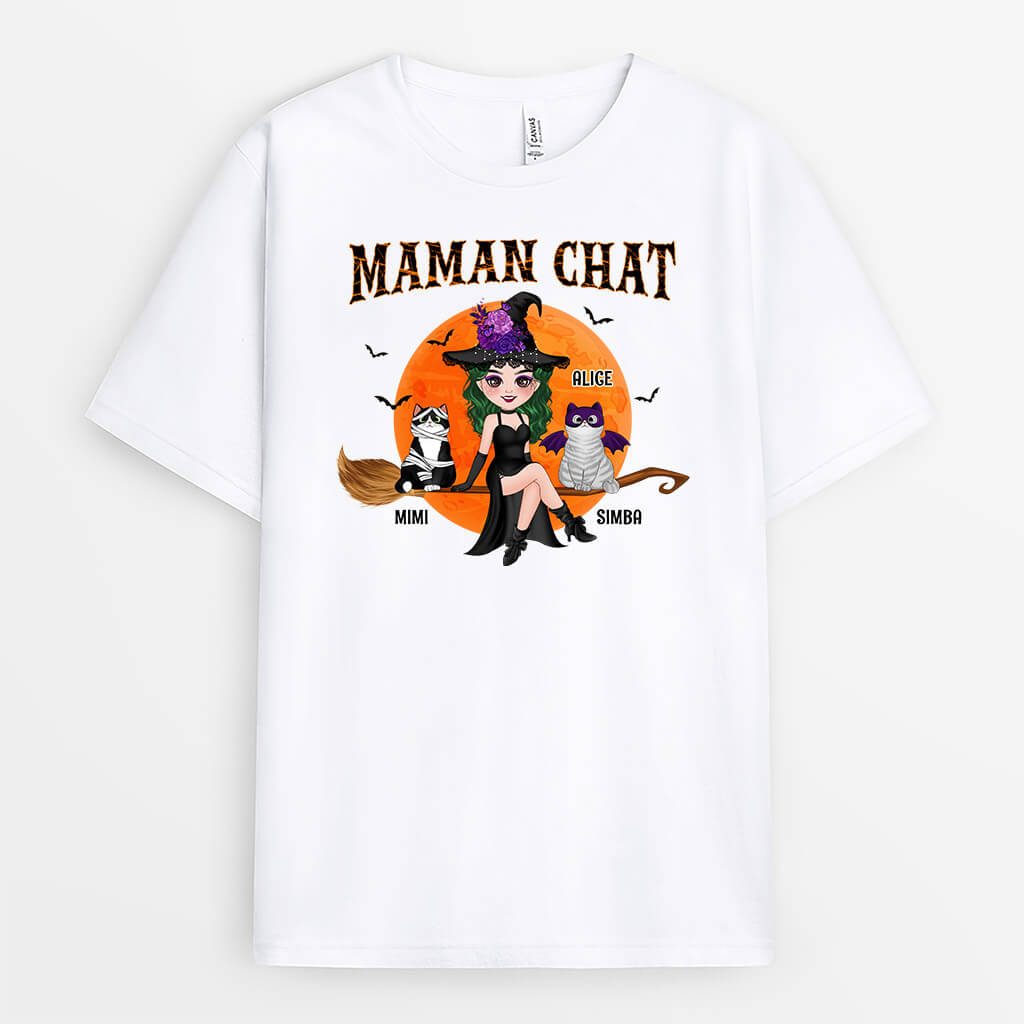 Maman Chat Sorcière Avec Son Balai - Cadeau Personnalisé | T-shirt pour Amoureux des animaux