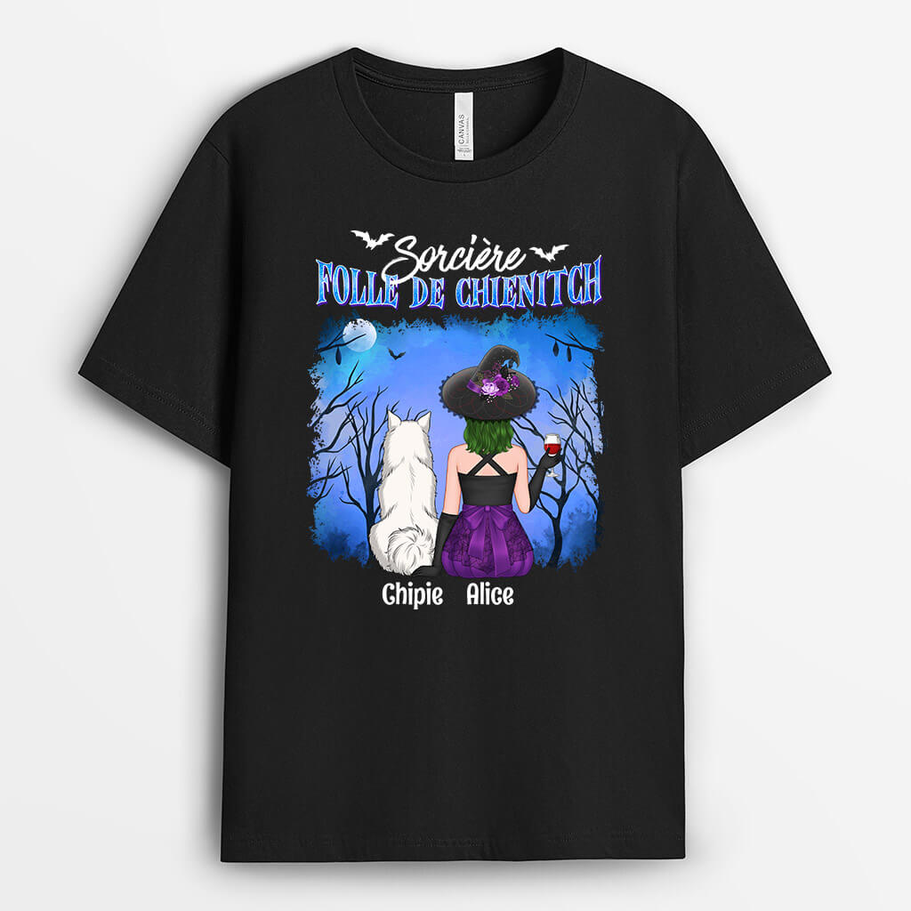 1339AFR2 t shirt sorciere folle de chien personnalise