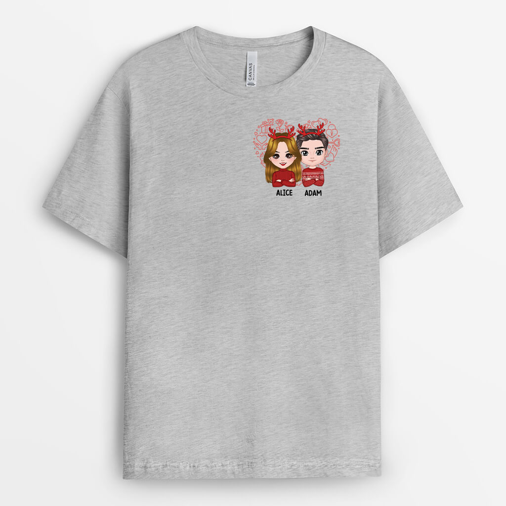 1378AFR2 tshirt couple de noel avec coeur personnalise