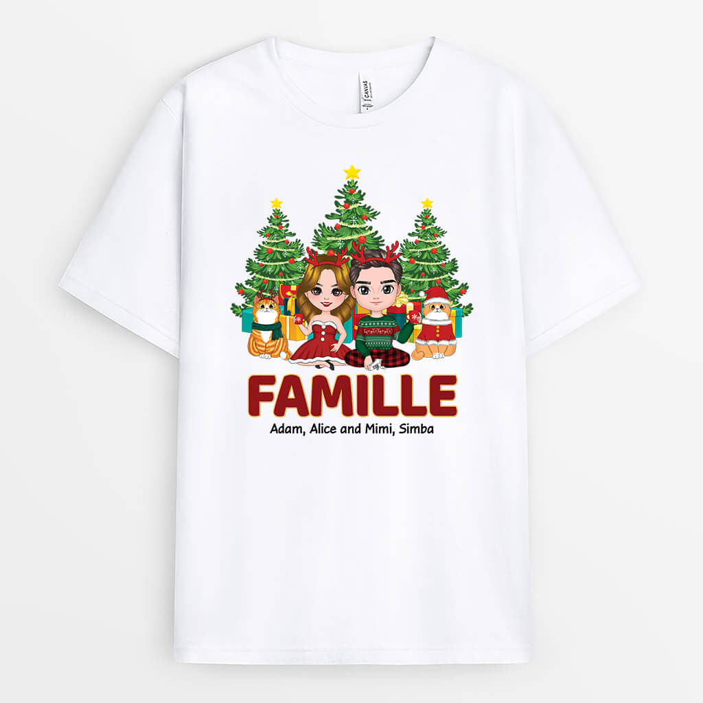 Famille de Couple et de Chats Version Noël - Cadeau Personnalisé - T-shirt pour famille Noël