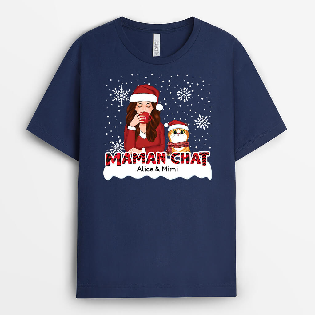 Maman Chat Motif Rouge Noël - Cadeau Personnalisé | T-shirt pour Noel