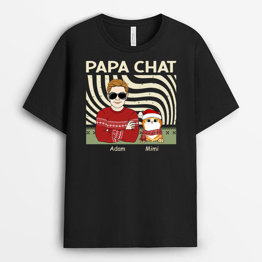 1413AFR1 t shirt papa de chat noel personnalise