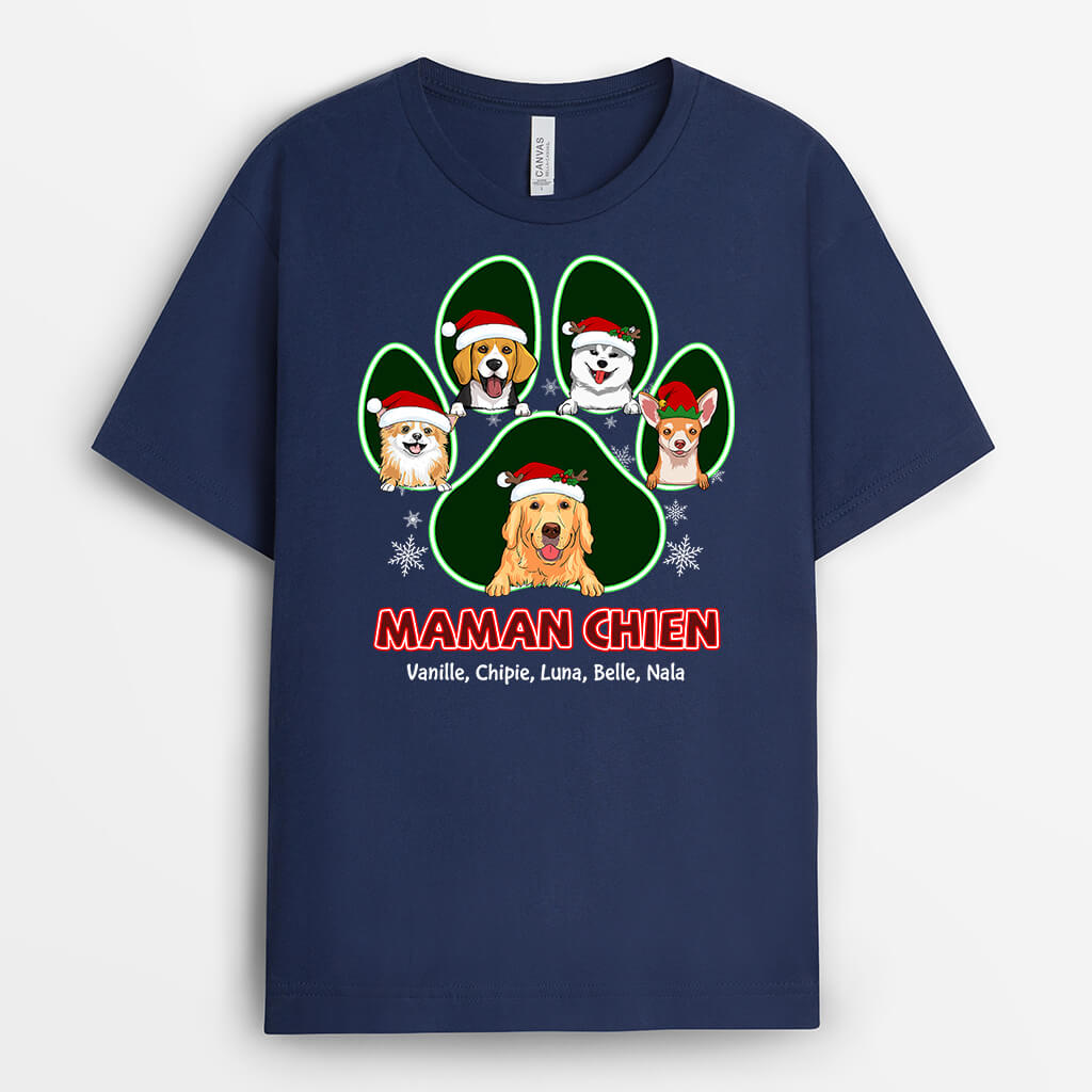 1485AFR2 t shirt papa de chien maman de chien patte version noel personnalise