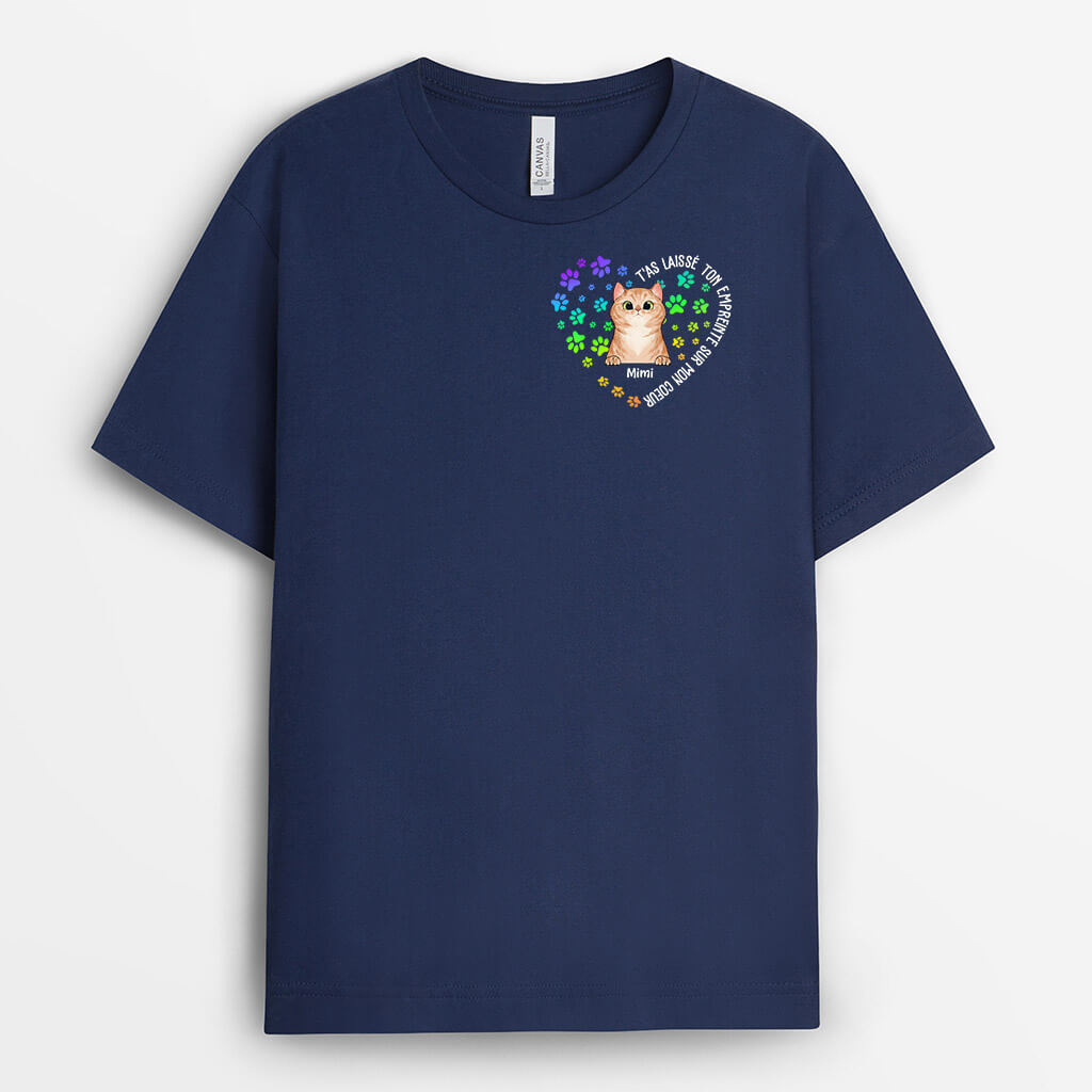 1498AFR2 t shirt empreintes de pattes sur mon coeur chat personnalise