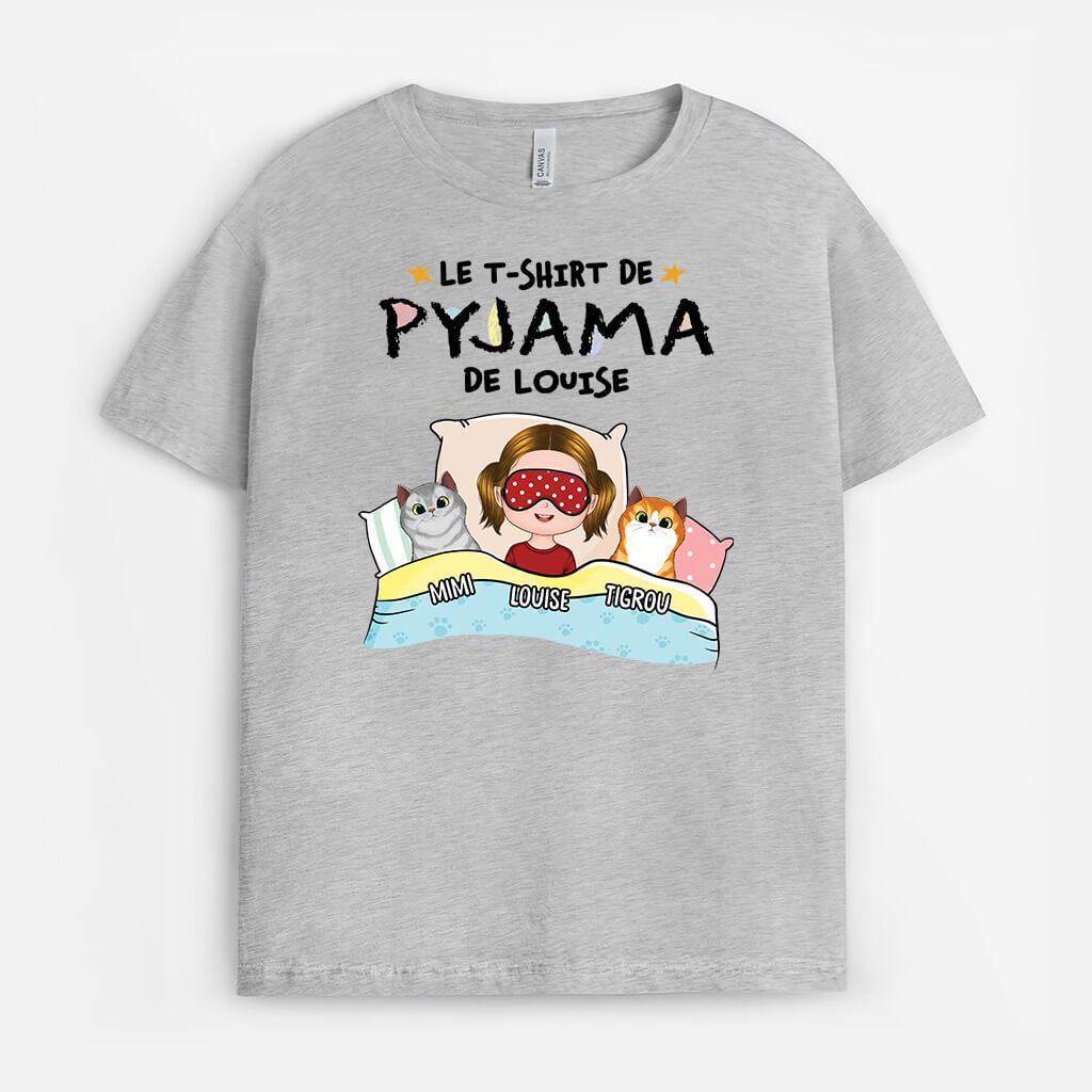 T-shirt De Pyjama d'Anna Avec Chat Pour Enfant - Cadeau Personnalisé | T-shirt pour Enfant