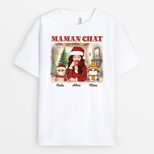 1544AFR1 t shirt maman de chat version noel personnalise