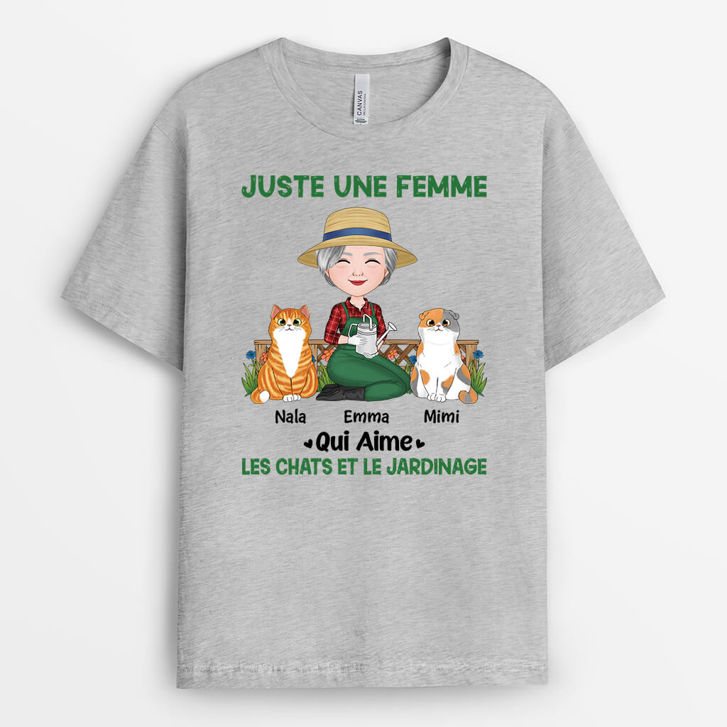 1859AFR2 t shirt juste une femme qui aime des chats et le jardinage personnalise
