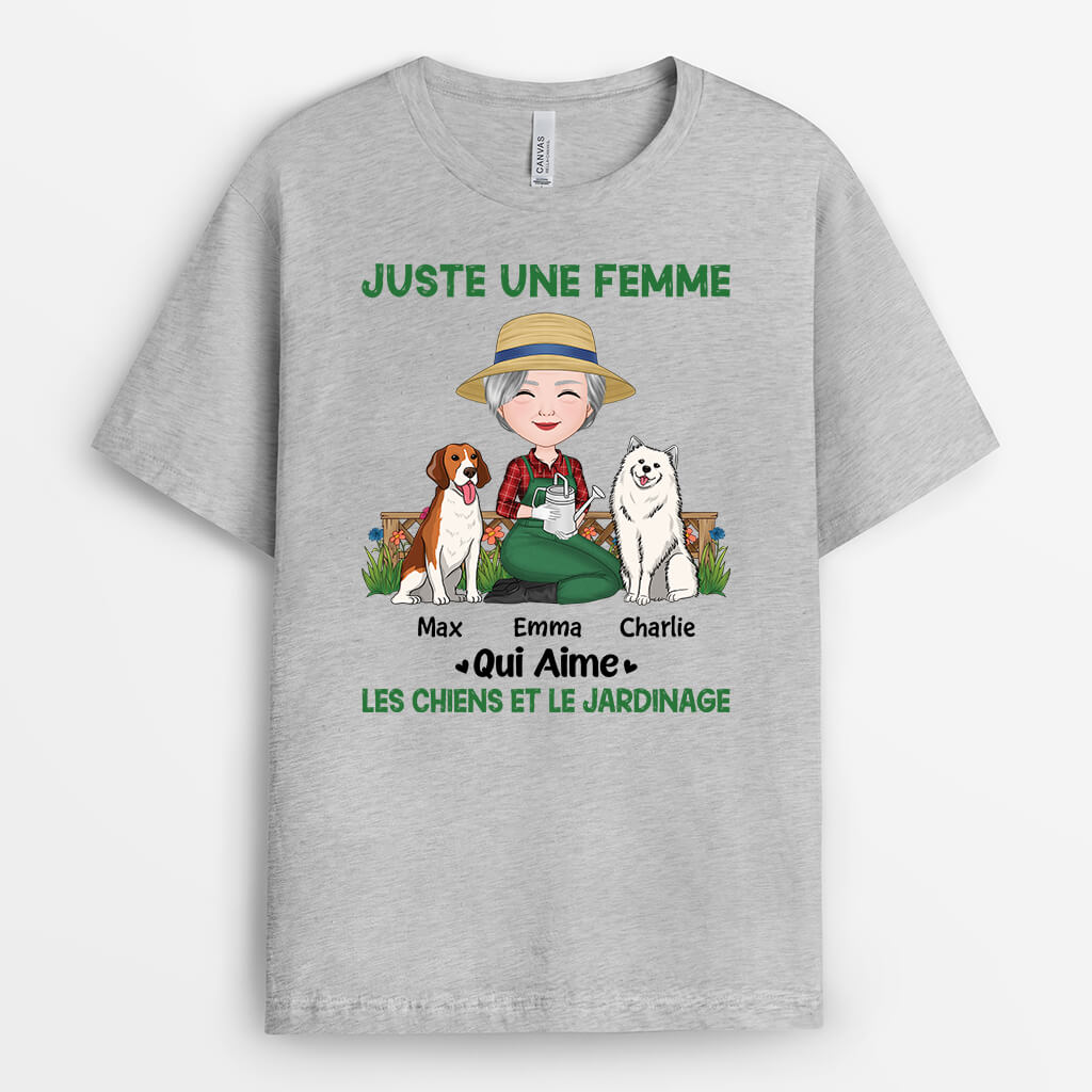 1859AFR2 t shirt juste une femme_ qui aime les chiens et le jardinage personnalise