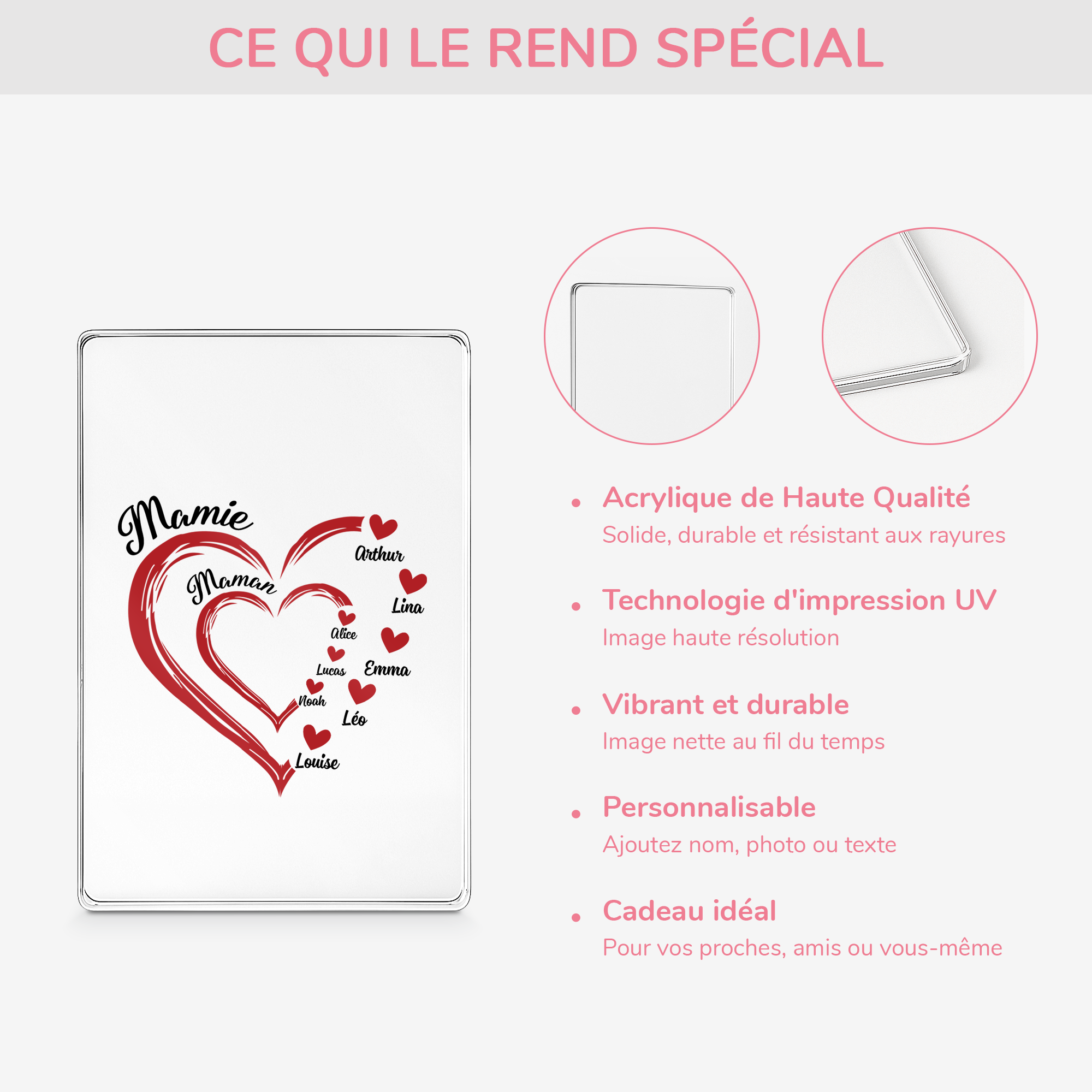 1969RFR4 plaque en acrylique personnalisee maman mamie coeurs rouges 1969r