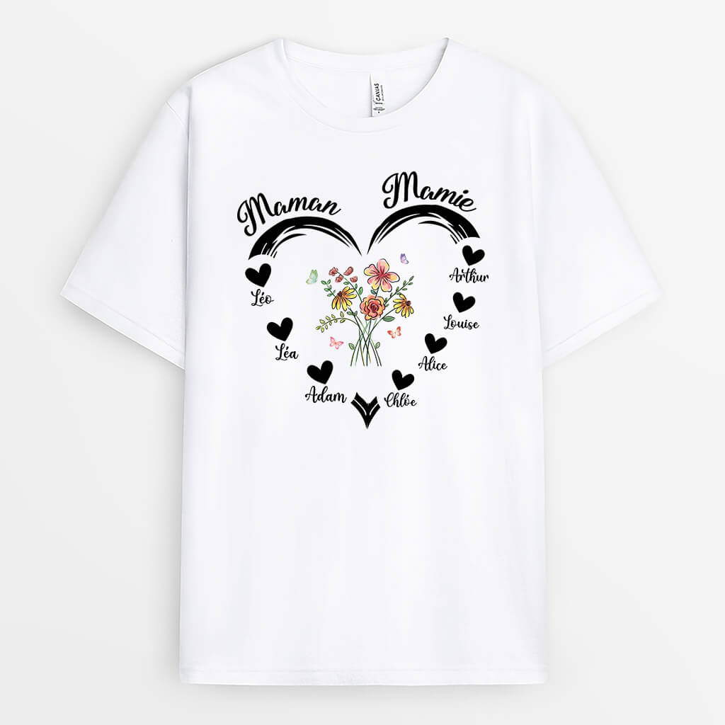 Maman/Mamie Coeur Avec Fleurs - Cadeau Personnalisé | T-shirt pour Femme