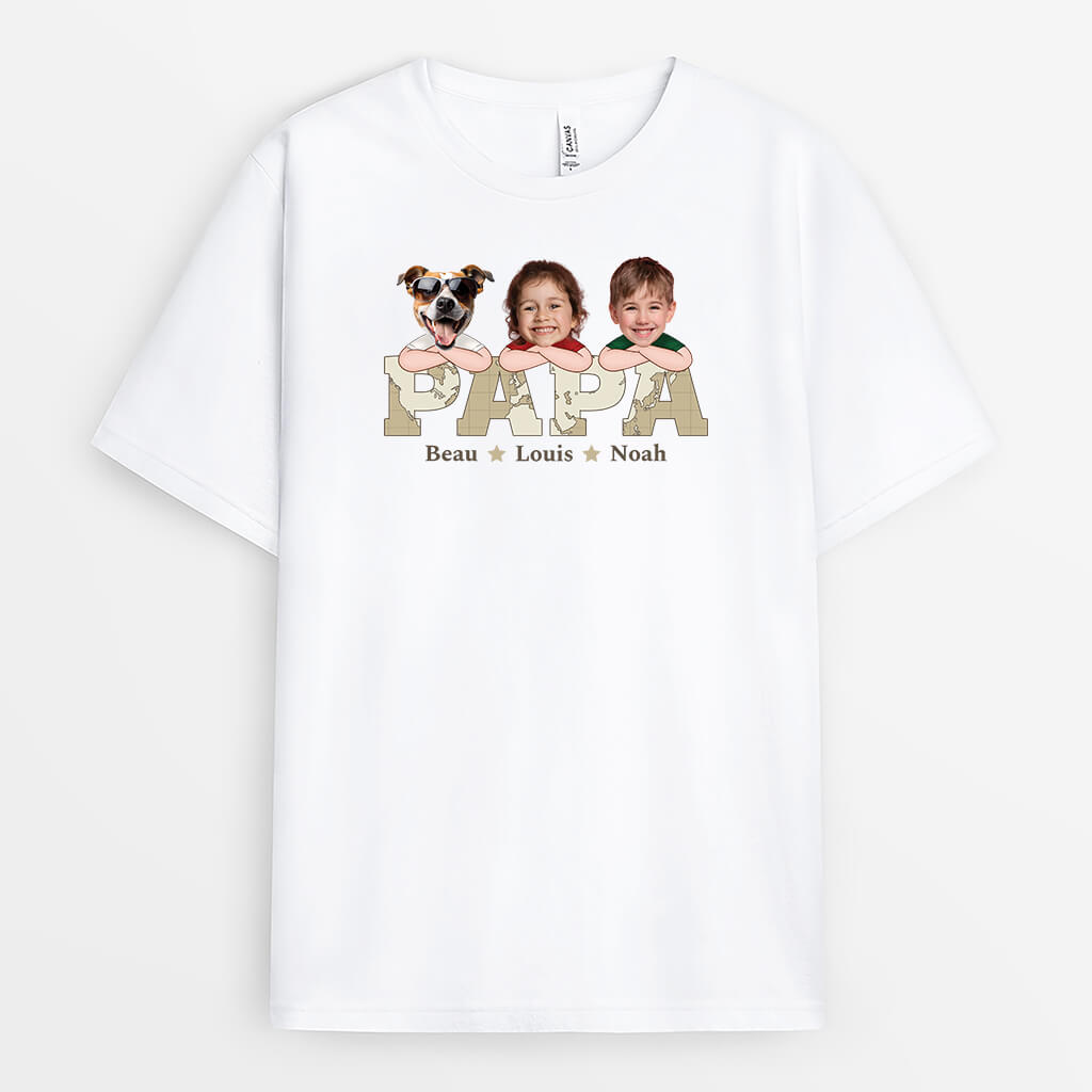 Papa, Ses Enfants Et Ses Animaux Version Blanc - Cadeau Personnalisé | T-shirt pour Papa