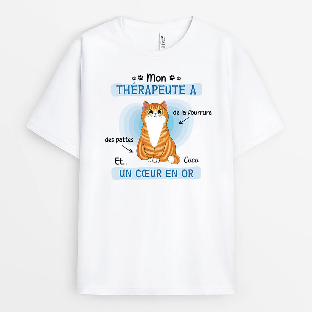 Mon Thérapeute Chat Avec Fourrure, Des Pattes Et Un Cœur En Or - Cadeau Personnalisé | T-shirt Pour Amoureux Des Animaux