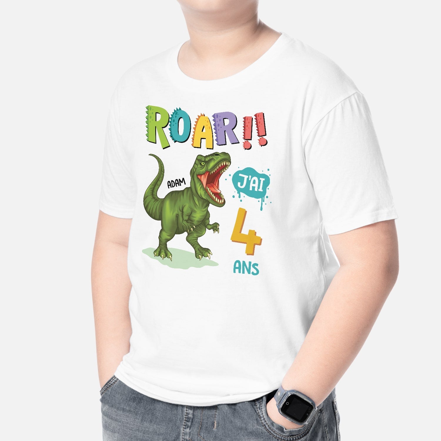 2677AFR2 roar jai 4 ans t shirt personnalise pour enfant