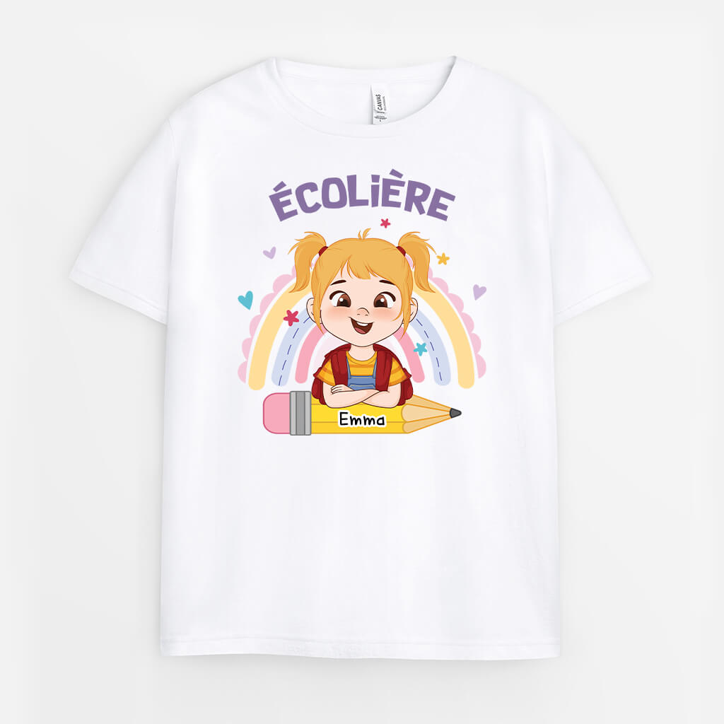 Fille d'École Avec Arc-En-Ciel - Cadeau Personnalisé | T-shirt Pour Enfant