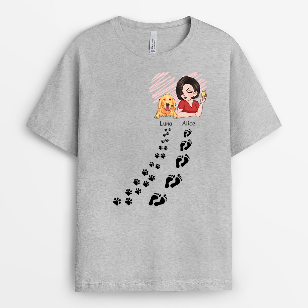 2768AFR2 maman chien avec chemin dempreintes t shirt chien personnalise pour femme