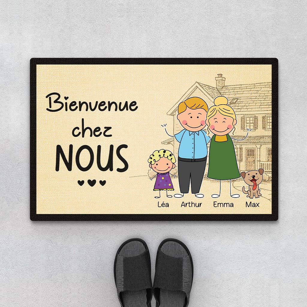 Bienvenue Chez Nous Version Dessin - Cadeau Personnalisé | Paillasson Pour Famille