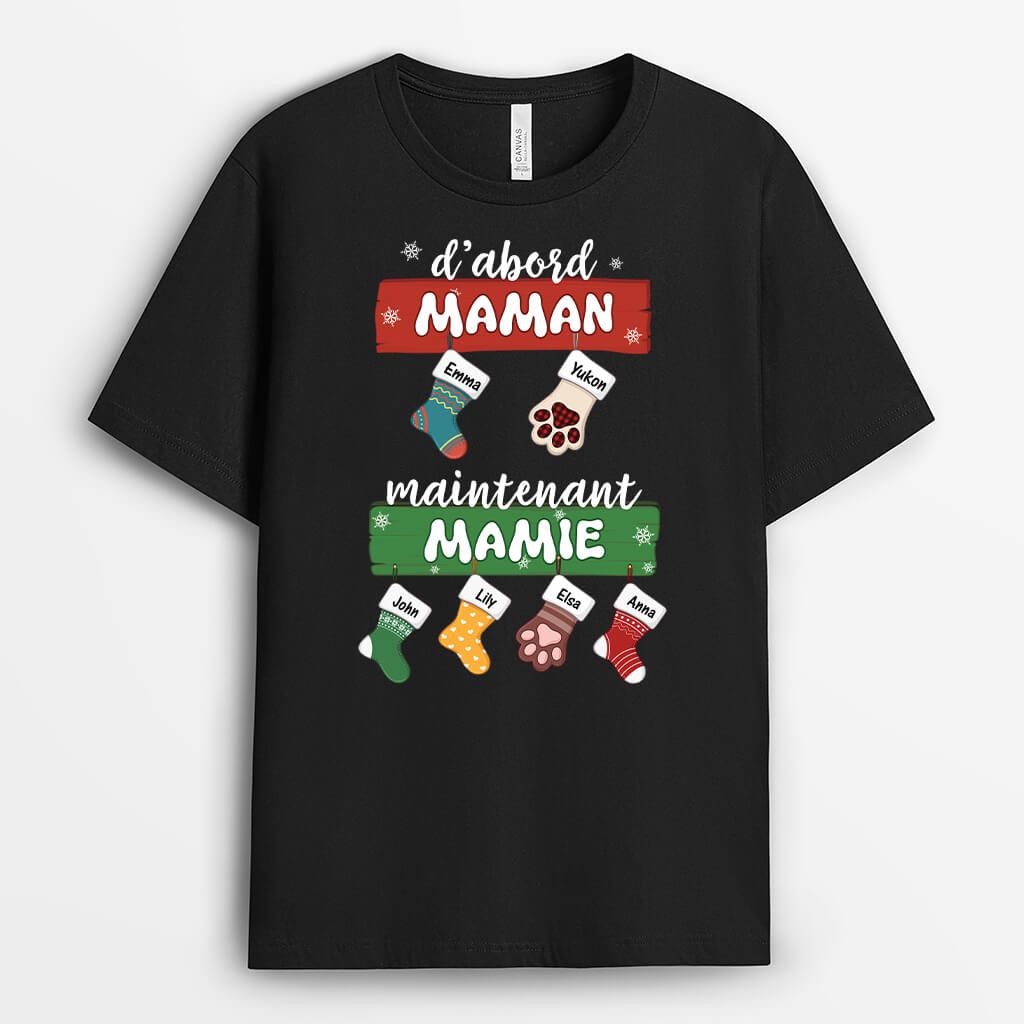 D'Abord Maman, Maintenant Mamie Version Bas De Noël - Cadeau Personnalisé | T-shirt Noël Pour Mamie