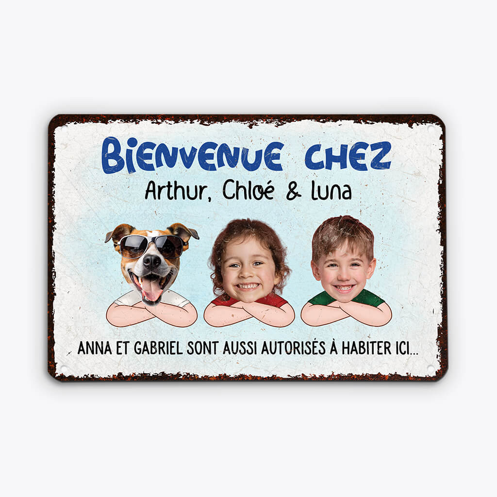 Bienvenue Chez Nous Avec Visages Amusants - Cadeau Personnalisé | Plaque En Métal  Pour Famille