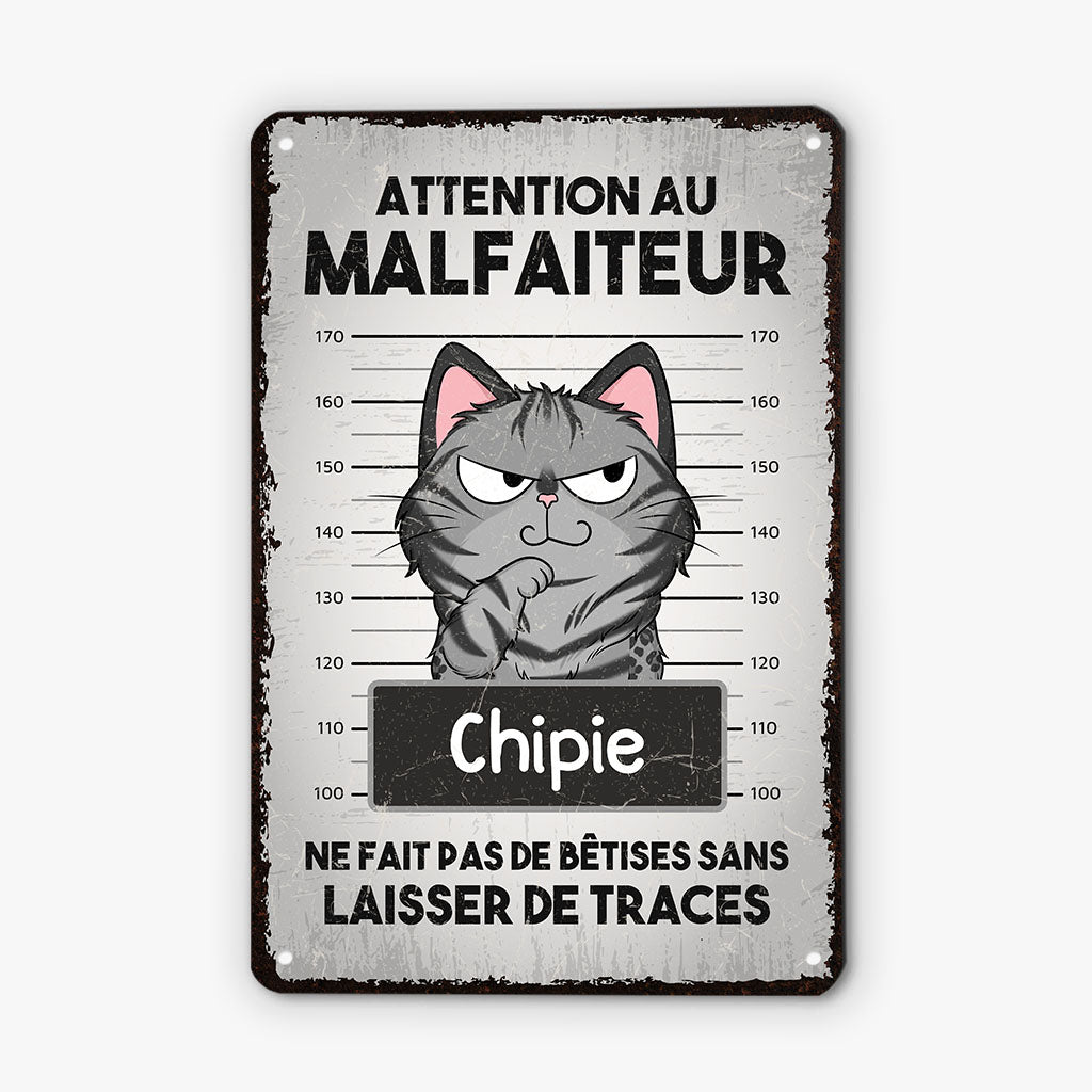 Attention Au Malfaiteur - Cadeau Personnalisé | Plaque En Métal Pour Amoureux Des Chat