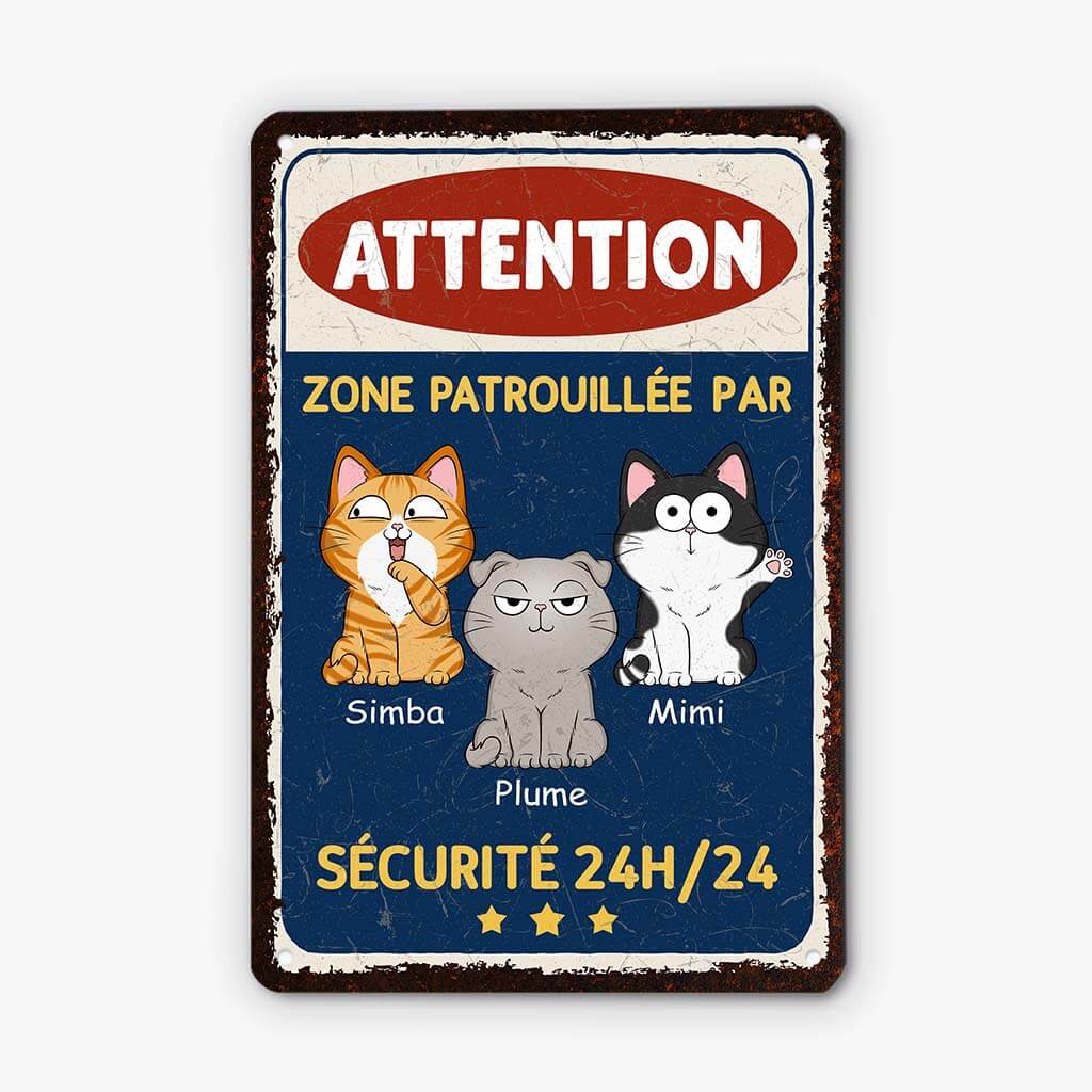 Zone Patrouillée Par Des Chats - Cadeau Personnalisé | Plaque En Métal Pour Amoureux Des Chats