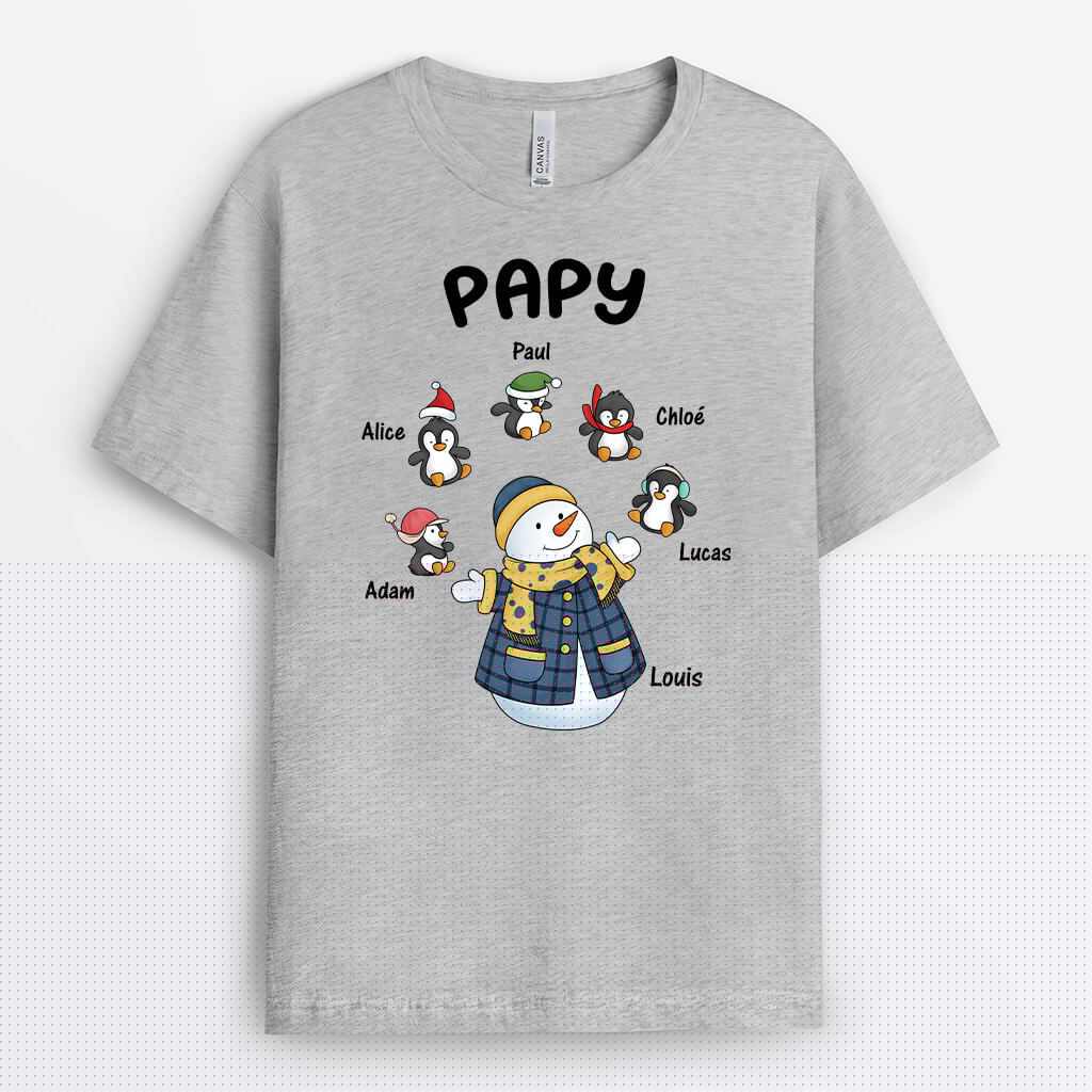 3039AFR2 mamie bonhomme de neige et ses manchots t shirt grand mere pour noel personnalise