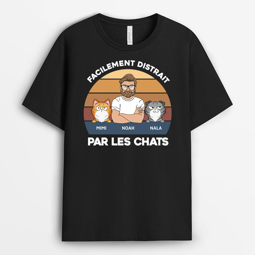 3391AFR2 facilement distrait_e_ par les chats tee shirt personnalise chat